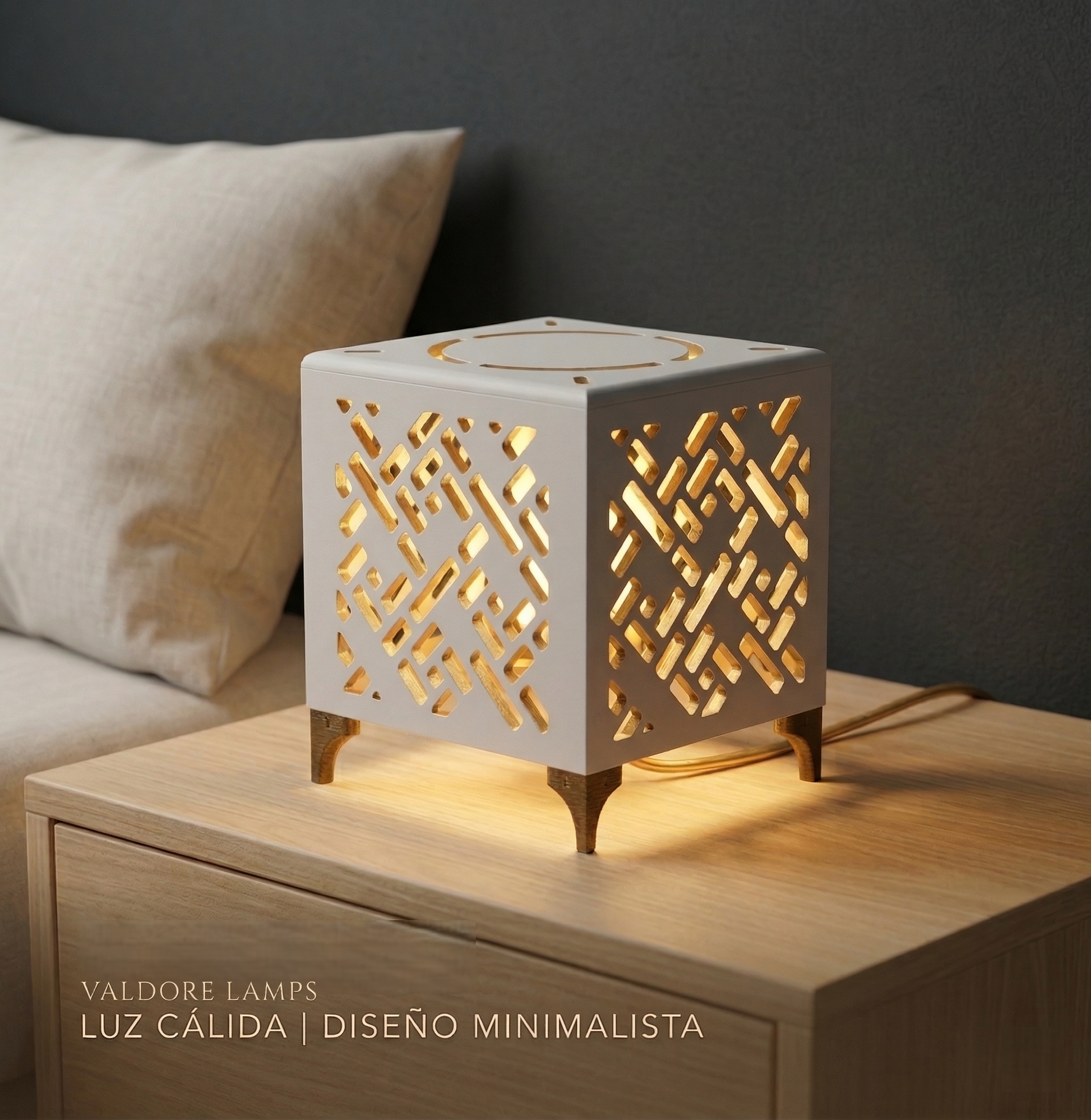 Velador madera diseño cúbico minimalista calado luz cálida RetroDesk