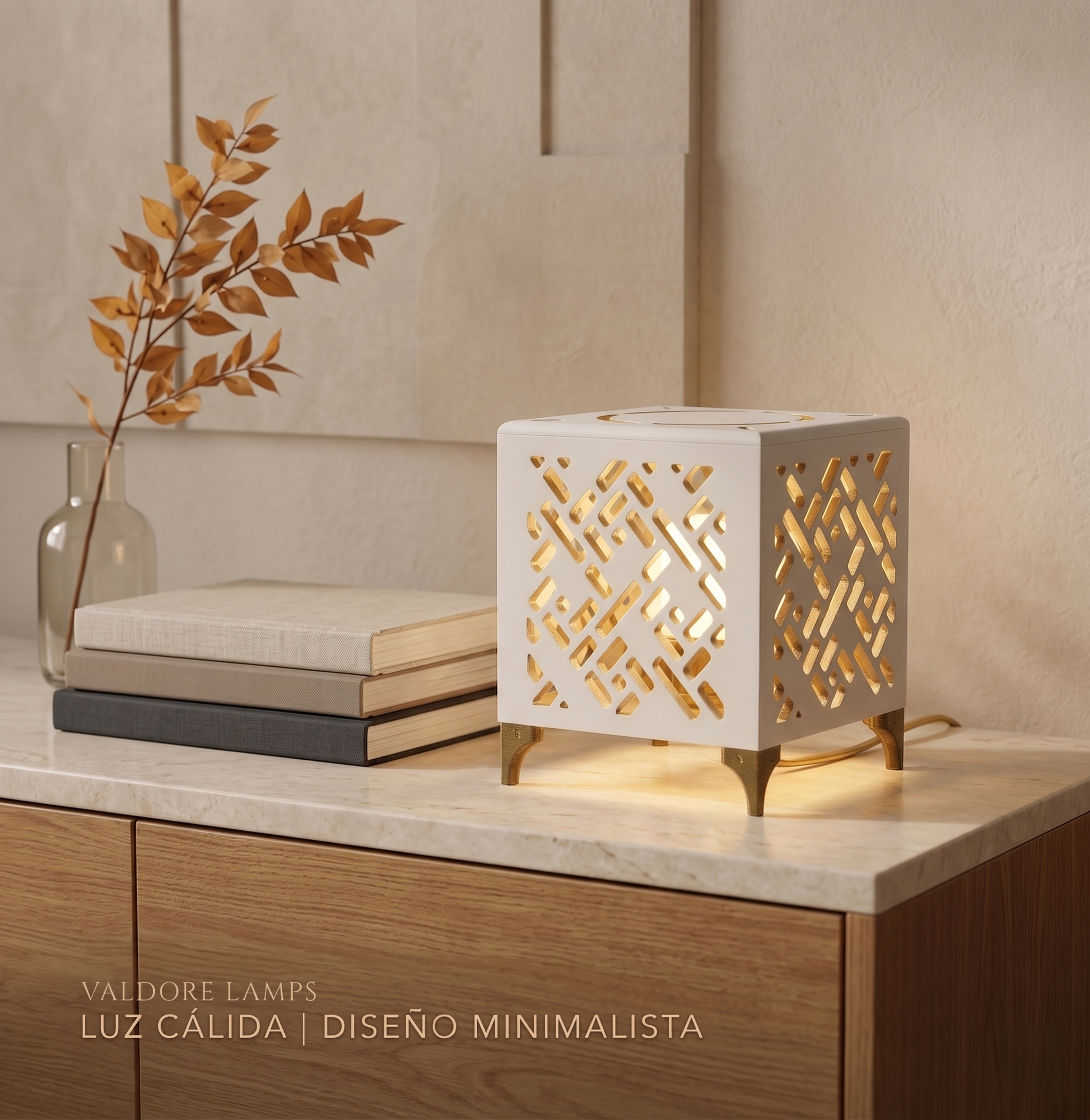 Velador madera diseño cúbico minimalista calado luz cálida RetroDesk