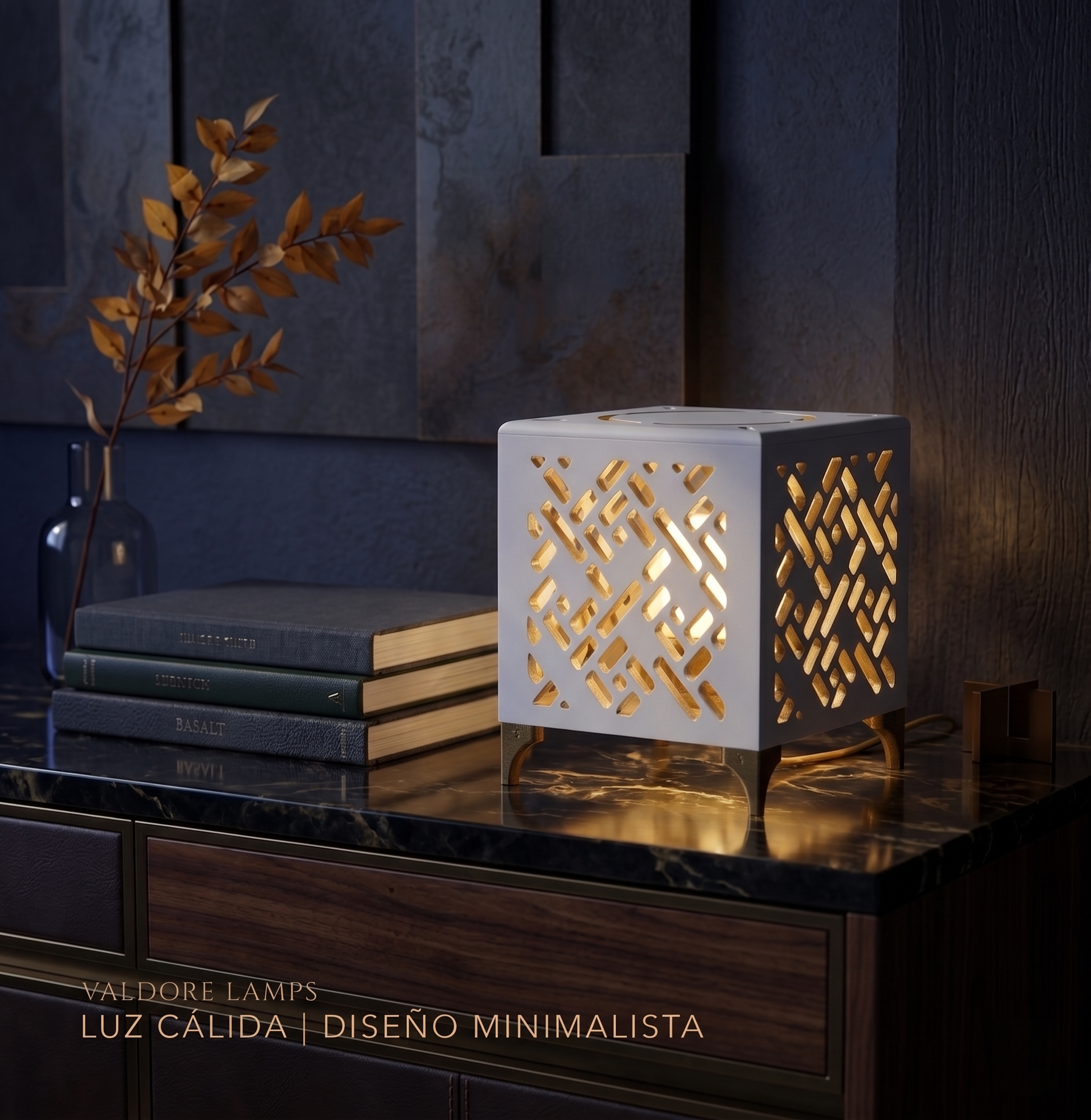 Velador madera diseño cúbico minimalista calado luz cálida RetroDesk